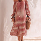 Aline | Abito Midi Chiffon Rigato Spalle Scoperte