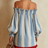 Larine | Abito Mini Righe Blu Spalle Scoperte