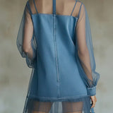 Ludovica | Abito Mini Denim Collo Ritto Maniche Tulle