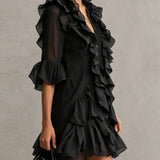 Vesper | Abito Mini Chiffon Pizzo Nero Balze