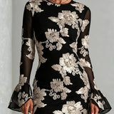 Vesper | Abito Mini Mesh Nero Ricamo Floreale