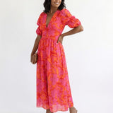 Wilora | Abito Midi Scollo a V Maniche Puff Floreale